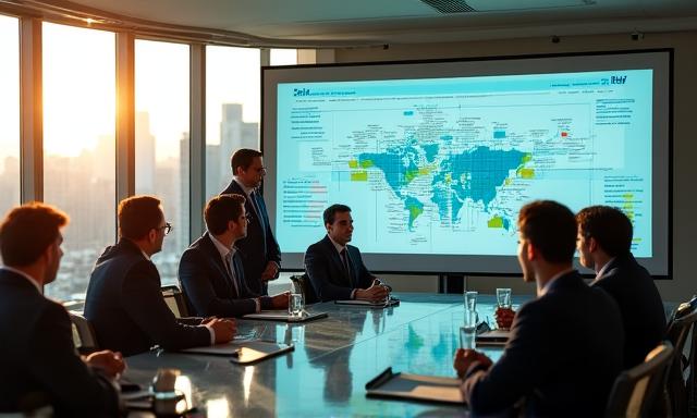 Team of boardroom executives reviewing a growth roadmap on a digital screen
