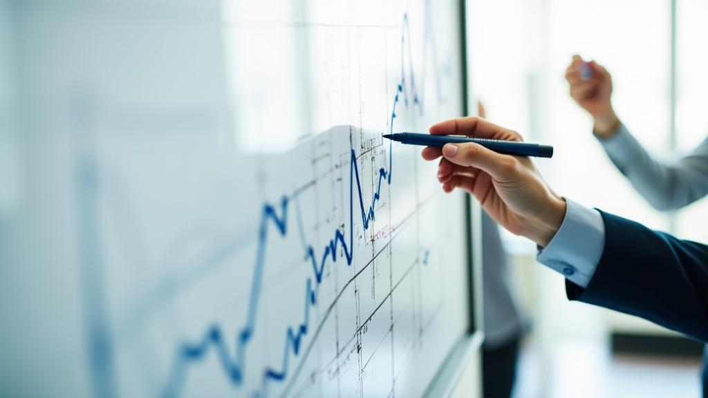 Close-up of professional business hands drawing a strategic roadmap on a clean white board